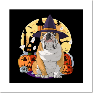 English Bulldog Witch Happy Halloween Posters and Art